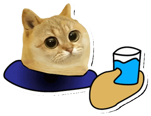 a sticker of a cat and a hand holding a cup of water