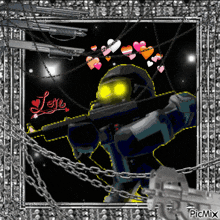 a picture of a robot holding a gun with hearts and the word love on it