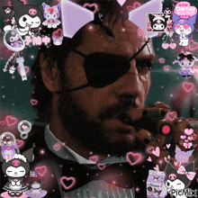 a picture of a man with a beard wearing an eye patch and a bow tie surrounded by hearts