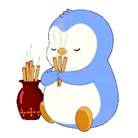 a cartoon penguin is holding sticks in front of a vase