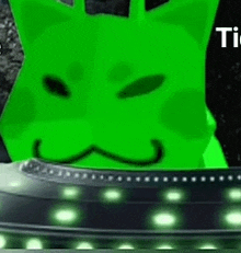 a green cat with a mustache is standing next to a black shoe .