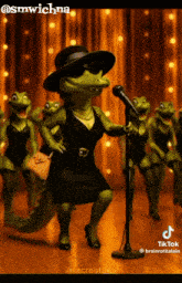 a cartoon of a crocodile singing into a microphone with frogs behind her