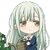 a girl in a school uniform is holding a watering can next to a cactus .
