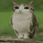 a cat that looks like an owl is sitting on a log