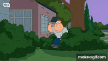 a cartoon of peter griffin sitting in a bush with a tbs logo in the background