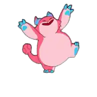 a pink cartoon character with blue paws and ears