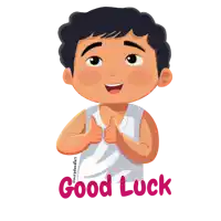 a cartoon of a boy giving a thumbs up with the words good luck behind him