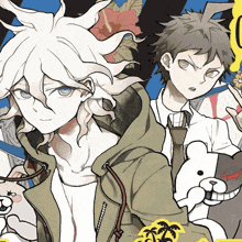a drawing of two anime characters with one holding a teddy bear