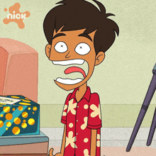 a cartoon of a boy with his mouth wide open and a nick logo in the background