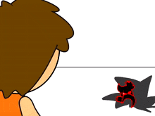 a cartoon drawing of a person looking at a red and black object