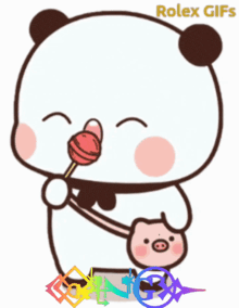 a panda bear holding a pig and a lollipop with the words rolex gifs below it