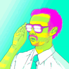 a colorful drawing of a man wearing glasses
