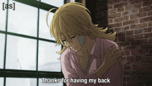 a cartoon of a girl with a bandage on her face says thanks for having my back