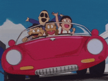 a group of cartoon characters in a red car