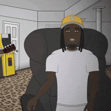 a cartoon of a man wearing a yellow ny hat
