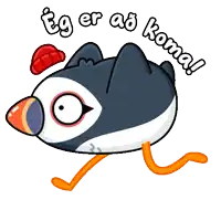 a cartoon of a penguin with the words " eg er ad koma " on it