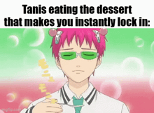 a man with pink hair and green glasses is eating a dessert .