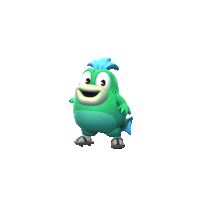 a green cartoon character with blue hair and sandals on