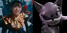 a woman in a colorful costume next to a purple statue