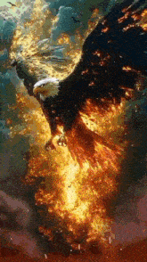 a bald eagle is flying through a storm of flames .