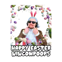 a man with bunny ears and sunglasses is surrounded by easter eggs and says happy easter mincompooops