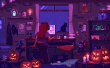 a pixel art of a woman sitting on a broom in front of a computer