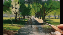 a painting of a man walking down a path in a park