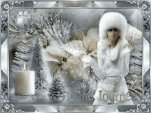 a picture of a woman in a white fur coat with the words bonne journee on it