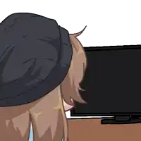 a cartoon of a person wearing a hat looking at a tv