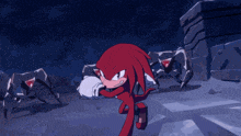 knuckles the echidna from sonic the hedgehog is running through a destroyed city