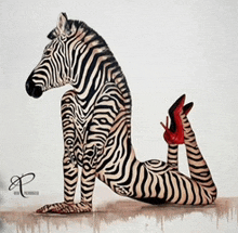 a painting of a woman dressed as a zebra with red heels