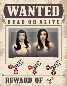 a wanted poster for a human female with scissors