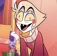 a cartoon character is smiling while standing next to a box of money