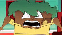 a cartoon character with green hair and a yellow shirt is making a funny face