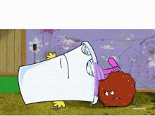 a cartoon character is laying on the ground next to a trash can ..