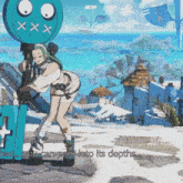 a video game screen shows a woman holding a gun and says " clear you can peer into its depths "