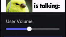 a yellow bird with a tennis ball on its head is next to a user volume slider
