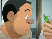 a cartoon character is holding a green bottle and making a funny face
