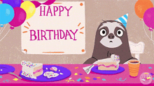 a sloth is sitting at a table with a piece of cake and balloons .