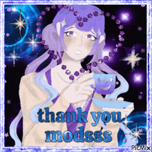 a picture of a girl with purple hair holding a cup with the words thank you modsss