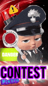 a baby in a police uniform is holding a baton and a sign that says danger contest