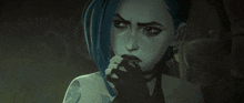 a close up of a cartoon character with blue hair and black eyes