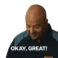 a bald man says okay great on a white background