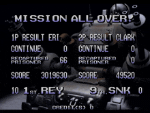 a video game screen says mission all over with a robot in the background
