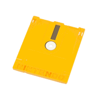 a yellow nintendo floppy disc with a white circle in the middle