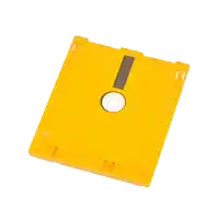 a yellow nintendo floppy disc with a white circle in the middle