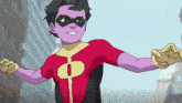 a cartoon character in a purple and red superhero outfit