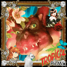 a picture of a cat with flowers and the word tropical on it