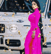 a woman in a pink dress is standing in front of a white jeep