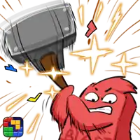 a cartoon character is holding a large hammer with a tetris icon in the lower right corner